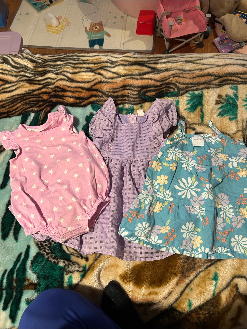 Bundle Pink Star Romper, Purple Ruffle Dress, Blue Floral Sundress - Girls